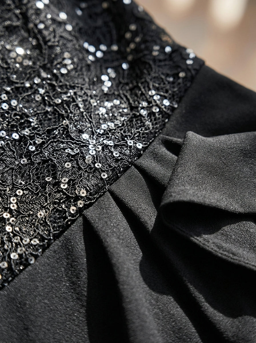 Black Sequin Lace Short-Sleeve Midi Dress for Cocktail