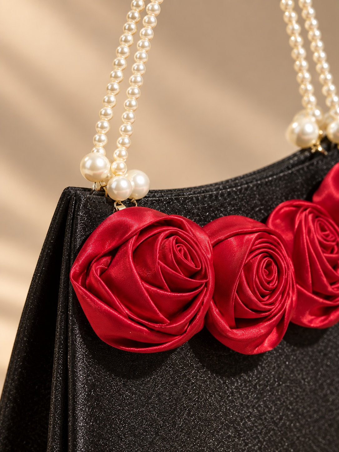 Black Elegant Pearl Handle Satin Rose Evening Clutch