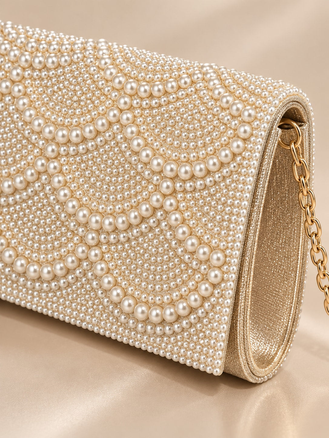 Champagne Elegant Pearl Beaded Evening Clutch with Chain