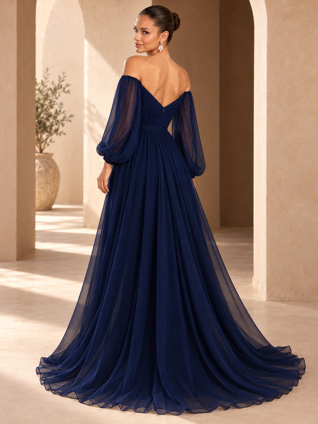 Deep Blue Off-Shoulder Puff Sleeve Gown for Weddings & Gala