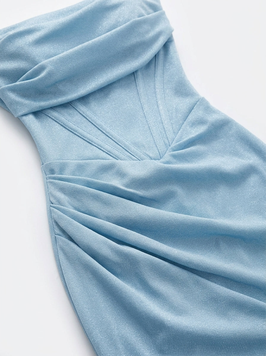 Light Blue Glitter Corset Draped Maxi Dress for Wedding Guest