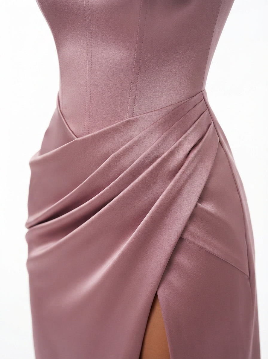Light Purple Satin Square Neck Ruched Slit Maxi Dress for Formal Events