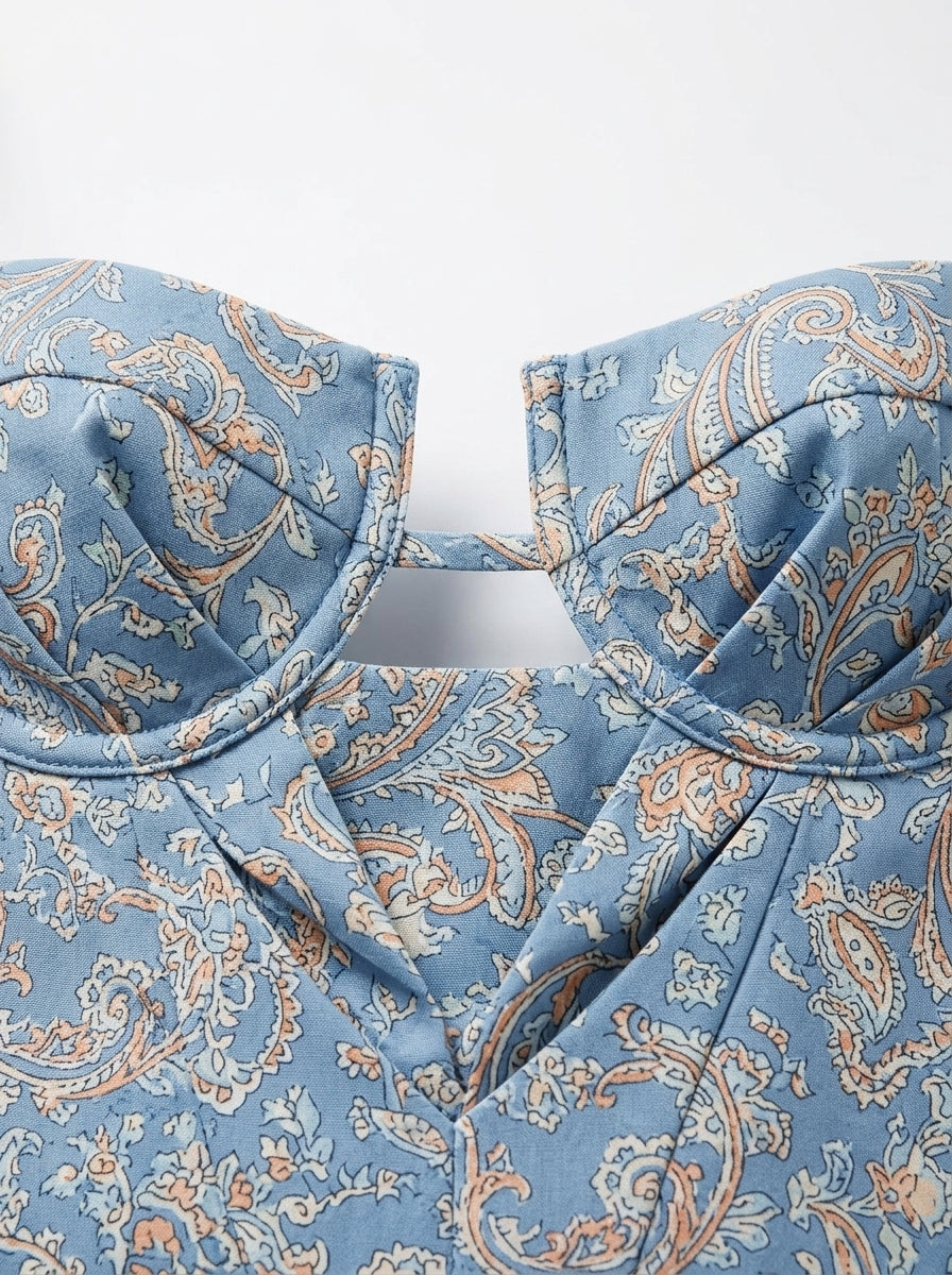 Light Blue Blue Paisley Print Cutout Midi Dress for Wedding Guest