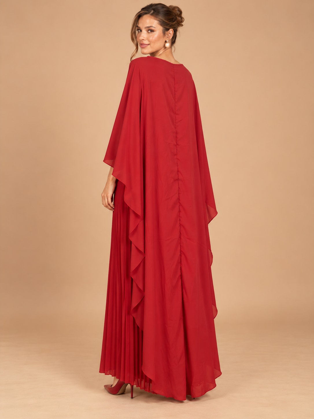 Red Pleated Cape Sleeve Maxi Dress for Weddings & Gala