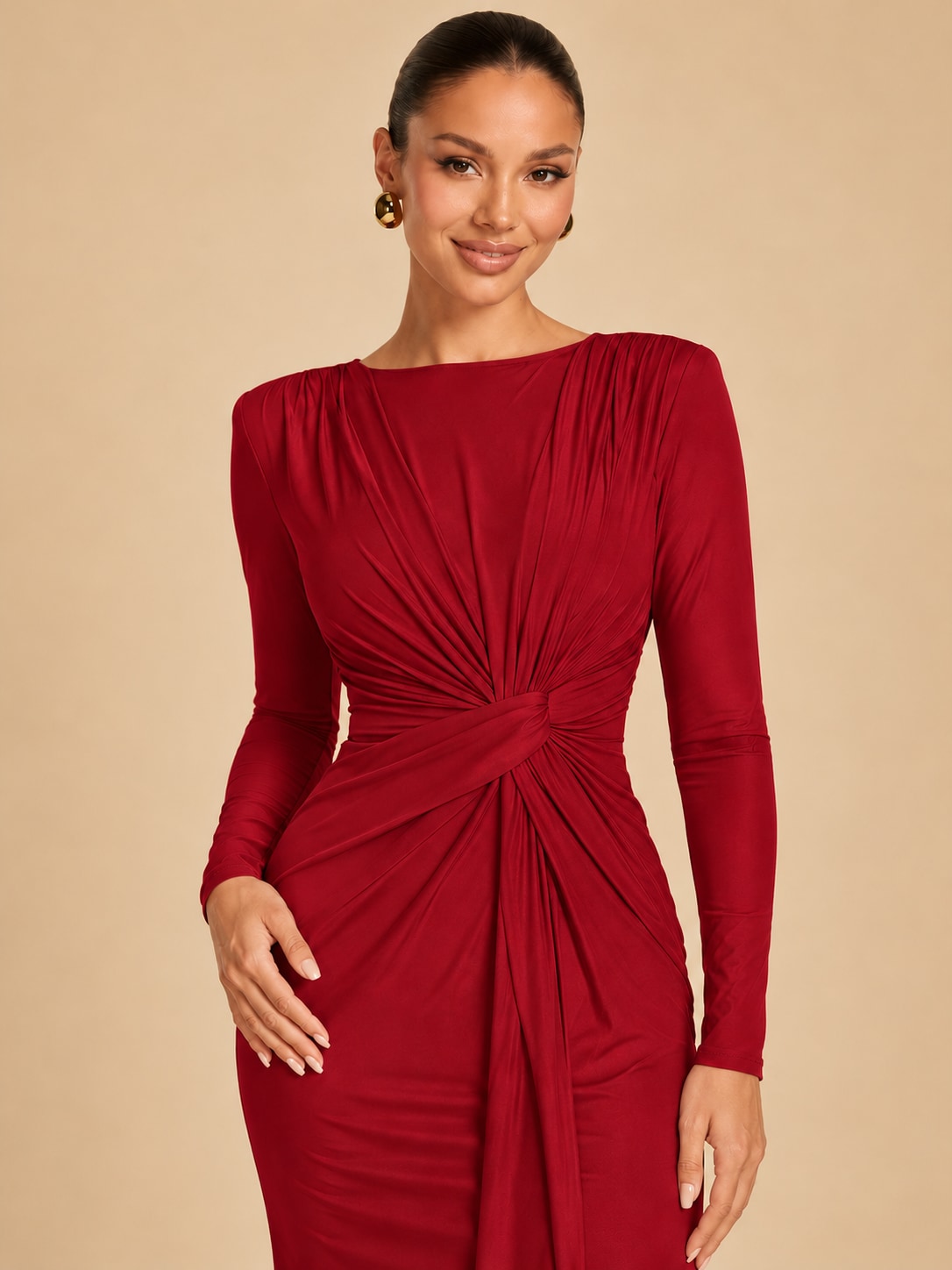 Red Long Sleeve Ruched Maxi Dress for Formal