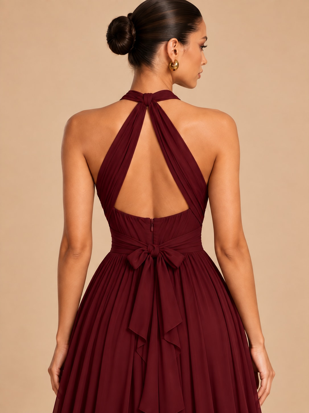 Wine Red Halter Ruffle Maxi Dress for Wedding & Formal