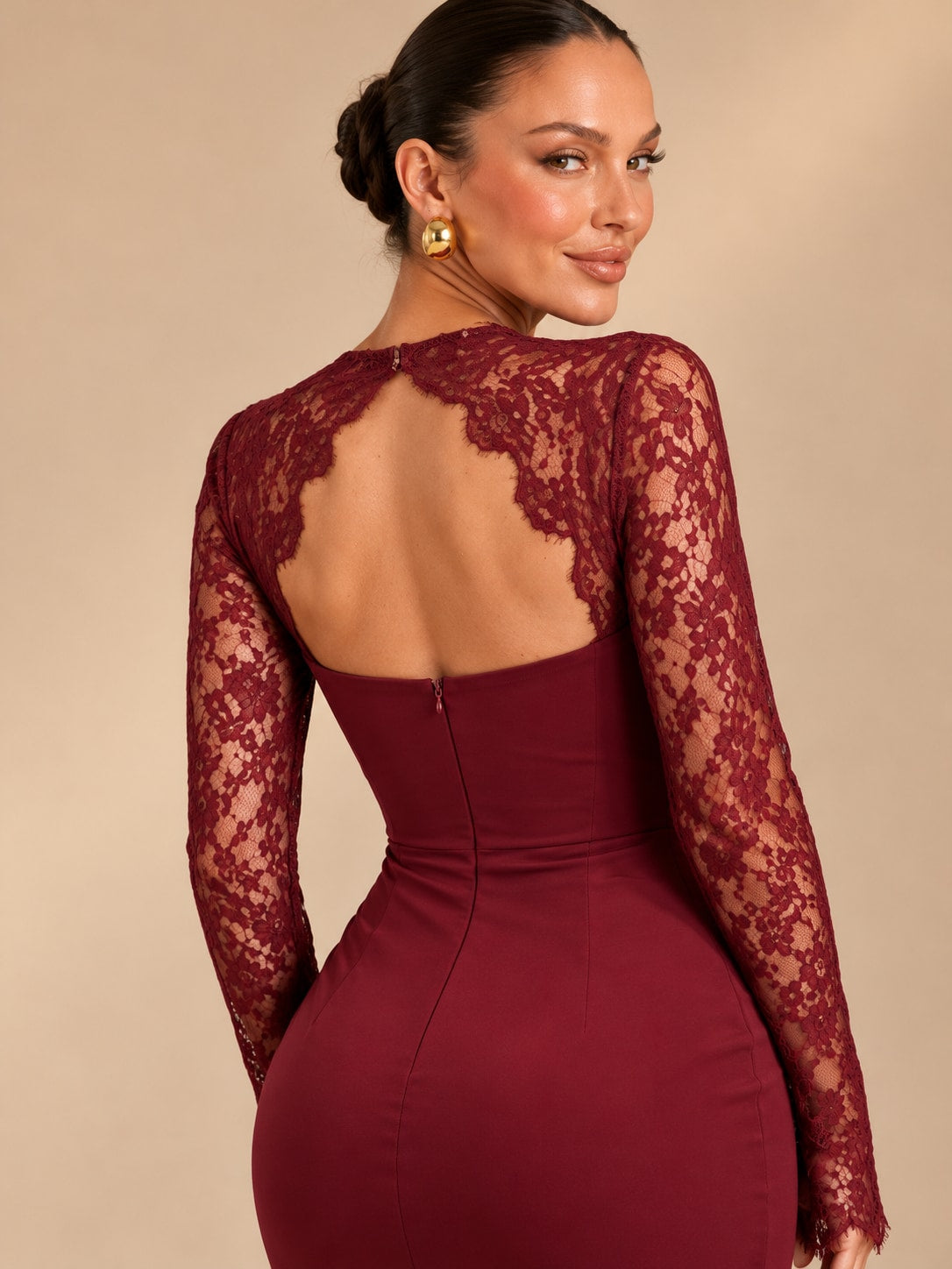 Wine Red Lace Sleeve Mermaid Gown for Formal & Wedding