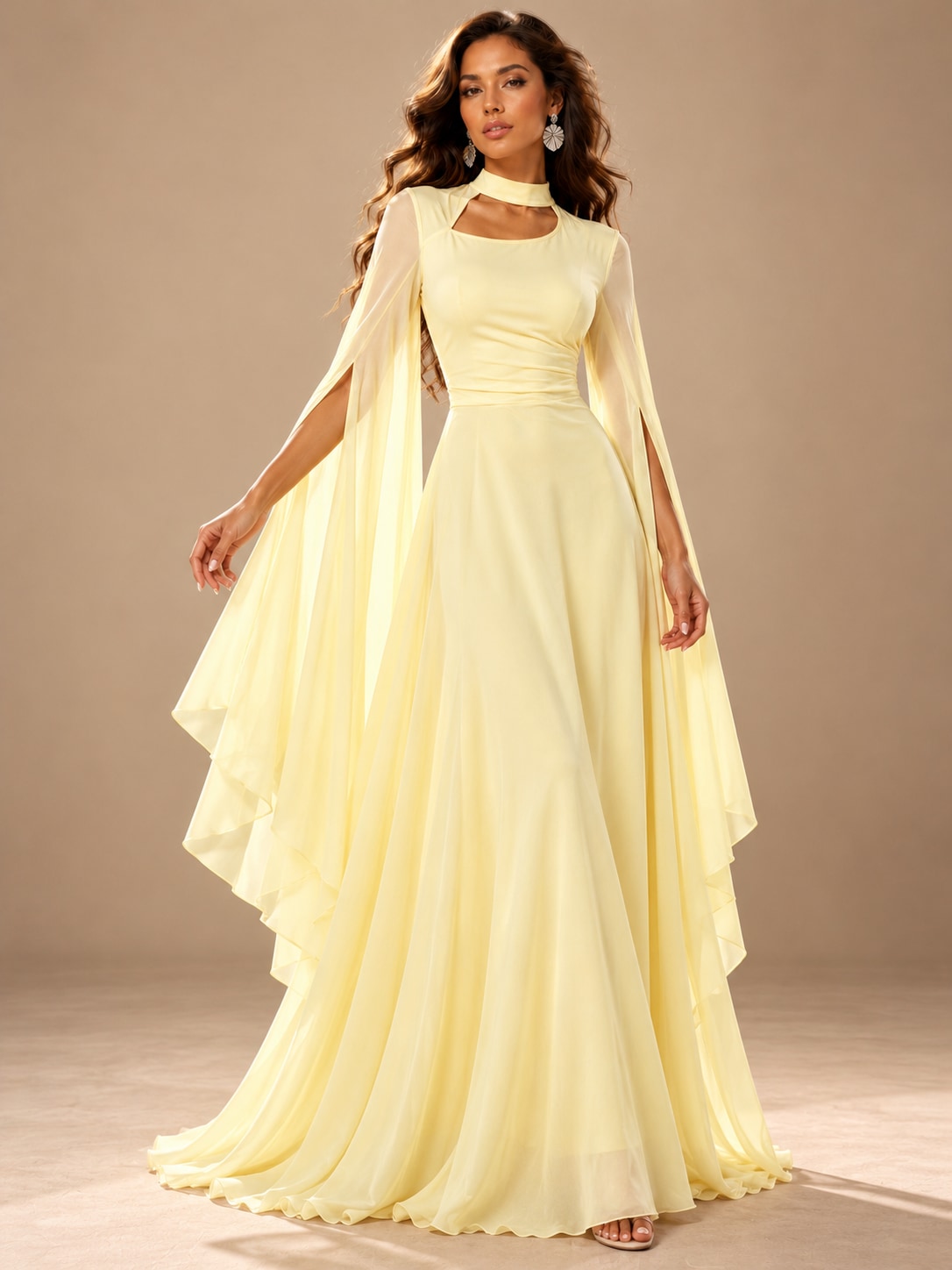 Yellow Cape Sleeve Cutout Maxi Dress for Formal Parties