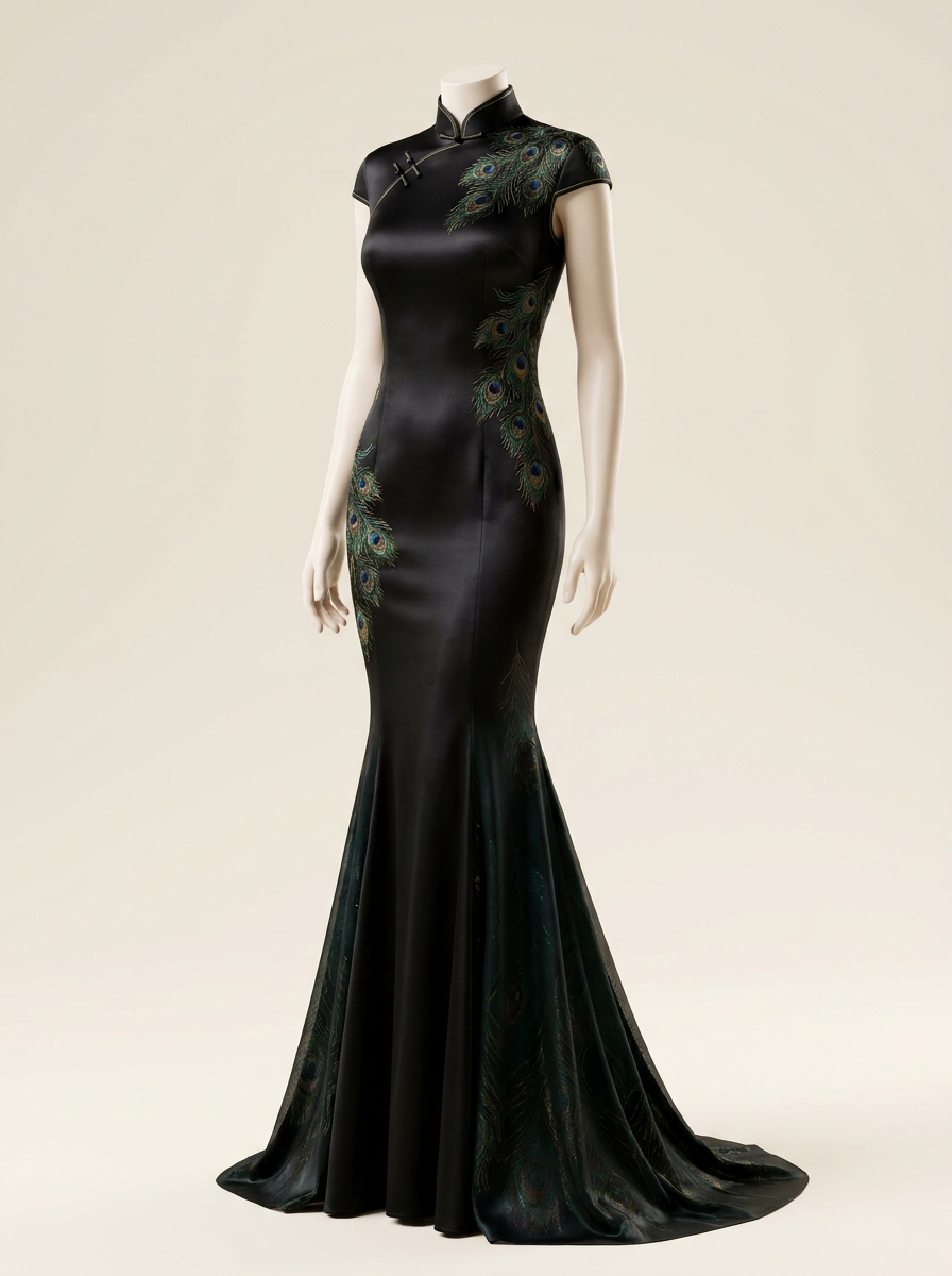 Peacock Tail Black Long Qipao