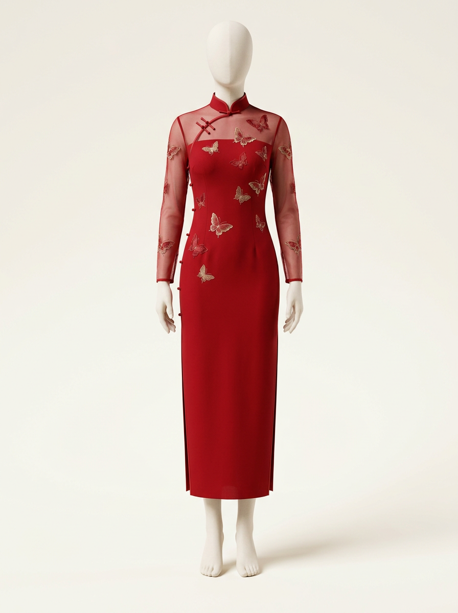 Red Butterfly Mesh Embroidered Long Qipao