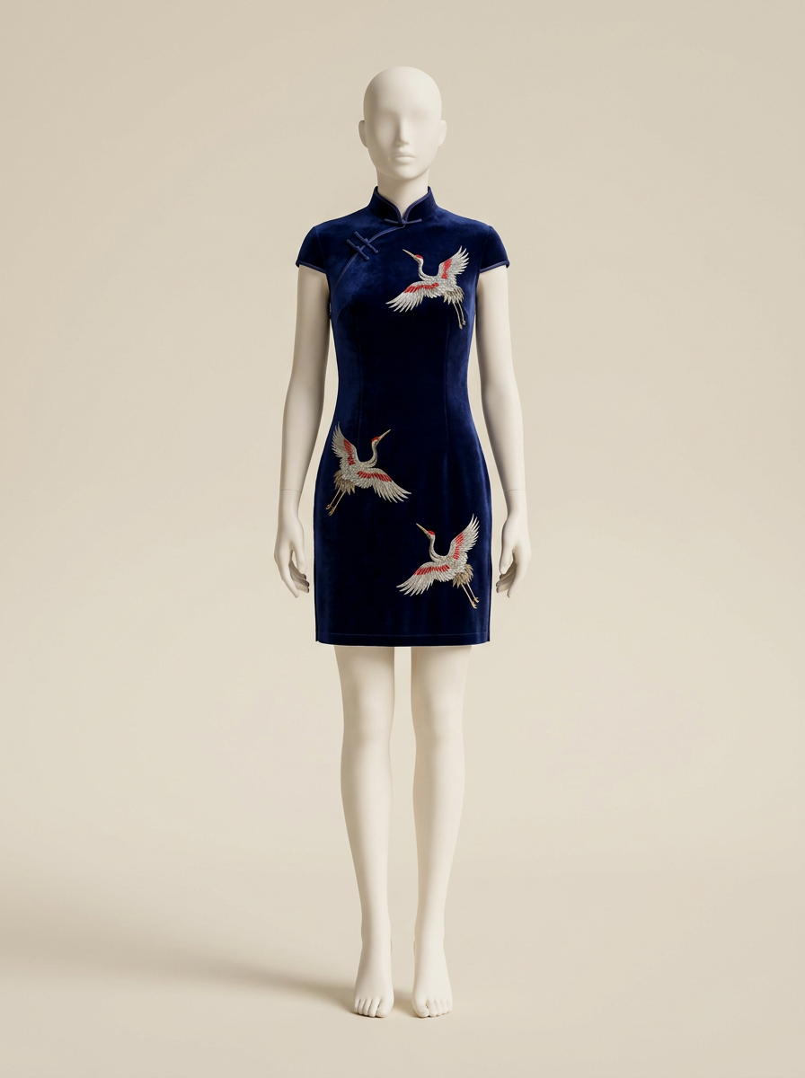 Crane Embroidery Velvet Short Qipao