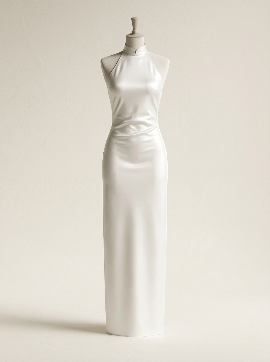 White Halter Satin Bridal Qipao
