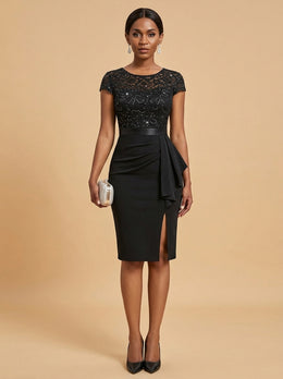 KoKodress Sequin Lace Short-Sleeve Midi Dress for Cocktail