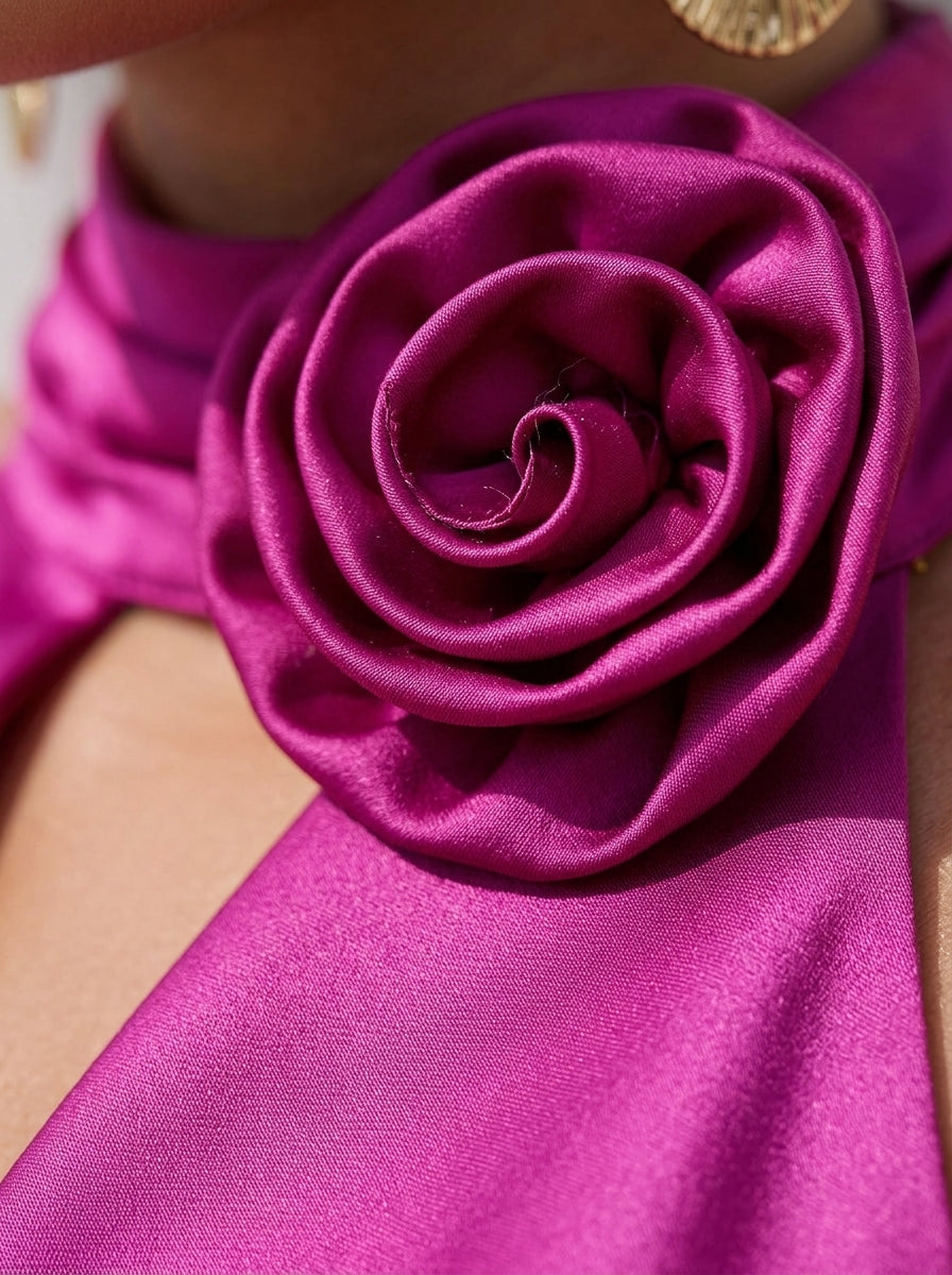 Kokodress Satin Halter Neck Maxi Dress with 3D Flower for Party