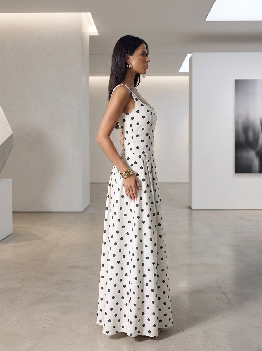 Kokodress White Polka Dot Square Neck Sleeveless Maxi Dress for Wedding Guest