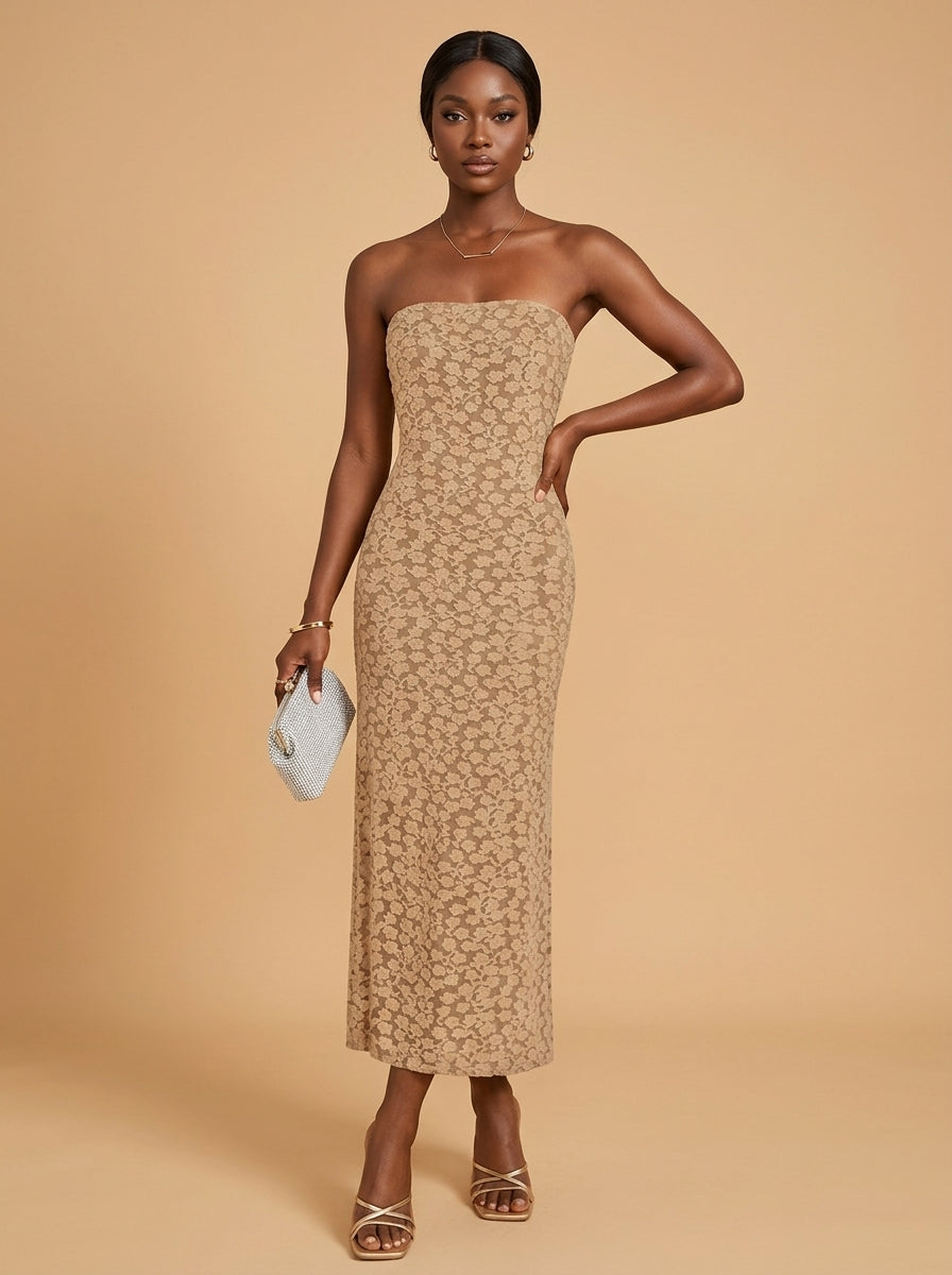 Kokodress Strapless Floral Lace Bodycon Midi Dress for Wedding Guest