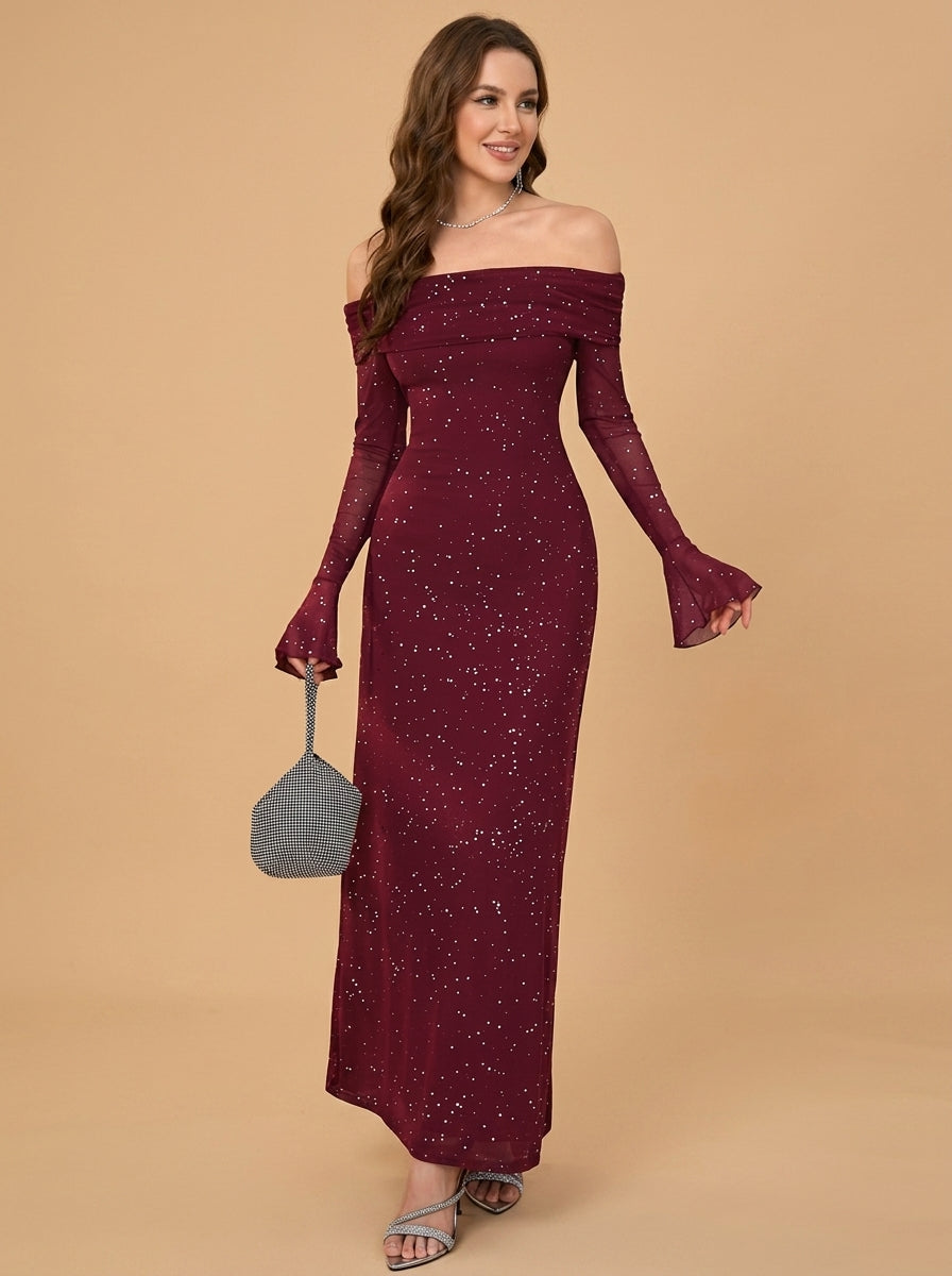 Kokodress Off-Shoulder Sparkly Flare Sleeve Maxi Dress for Evening