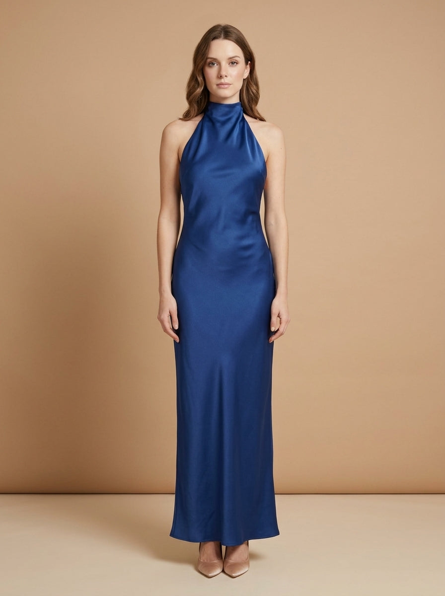 Kokodress  Satin Halter Neck Sleeveless Maxi Dress for Formal Events