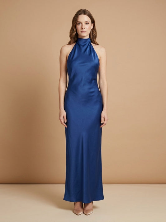 Kokodress  Satin Halter Neck Sleeveless Maxi Dress for Formal Events