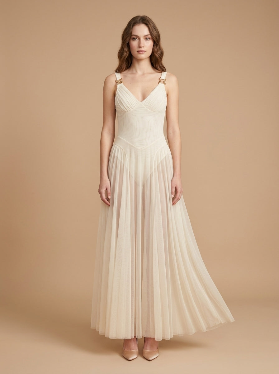 Kokodress Ivory Pleated Tulle Maxi Dress with Gold Hardware for Formal Occasions