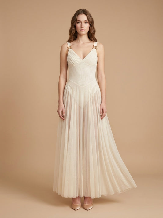 Kokodress Ivory Pleated Tulle Maxi Dress with Gold Hardware for Formal Occasions