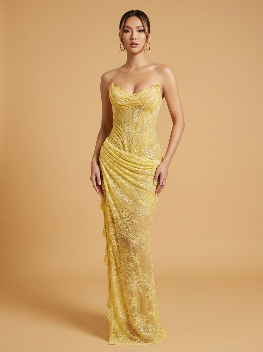 Kokodress Strapless Yellow Floral Lace Corset Gown for Wedding Guest