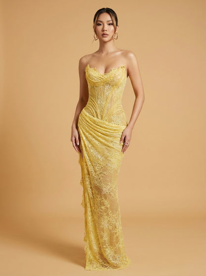 Kokodress Strapless Yellow Floral Lace Corset Gown for Wedding Guest