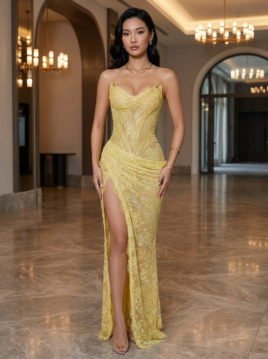 Kokodress Strapless Yellow Floral Lace Corset Gown for Wedding Guest