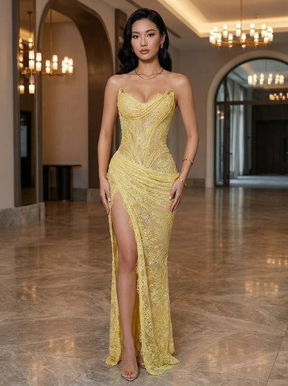 Kokodress Strapless Yellow Floral Lace Corset Gown for Wedding Guest