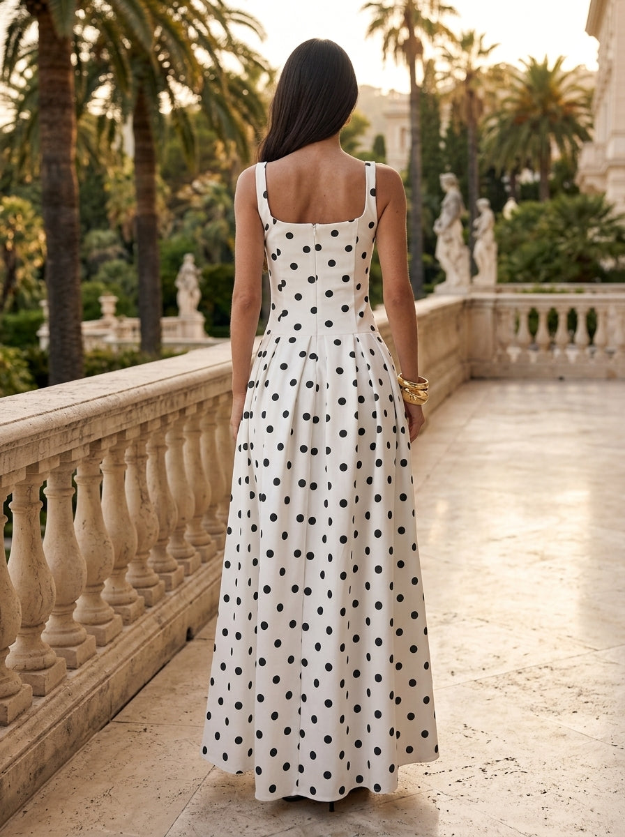 Kokodress White Polka Dot Square Neck Sleeveless Maxi Dress for Wedding Guest