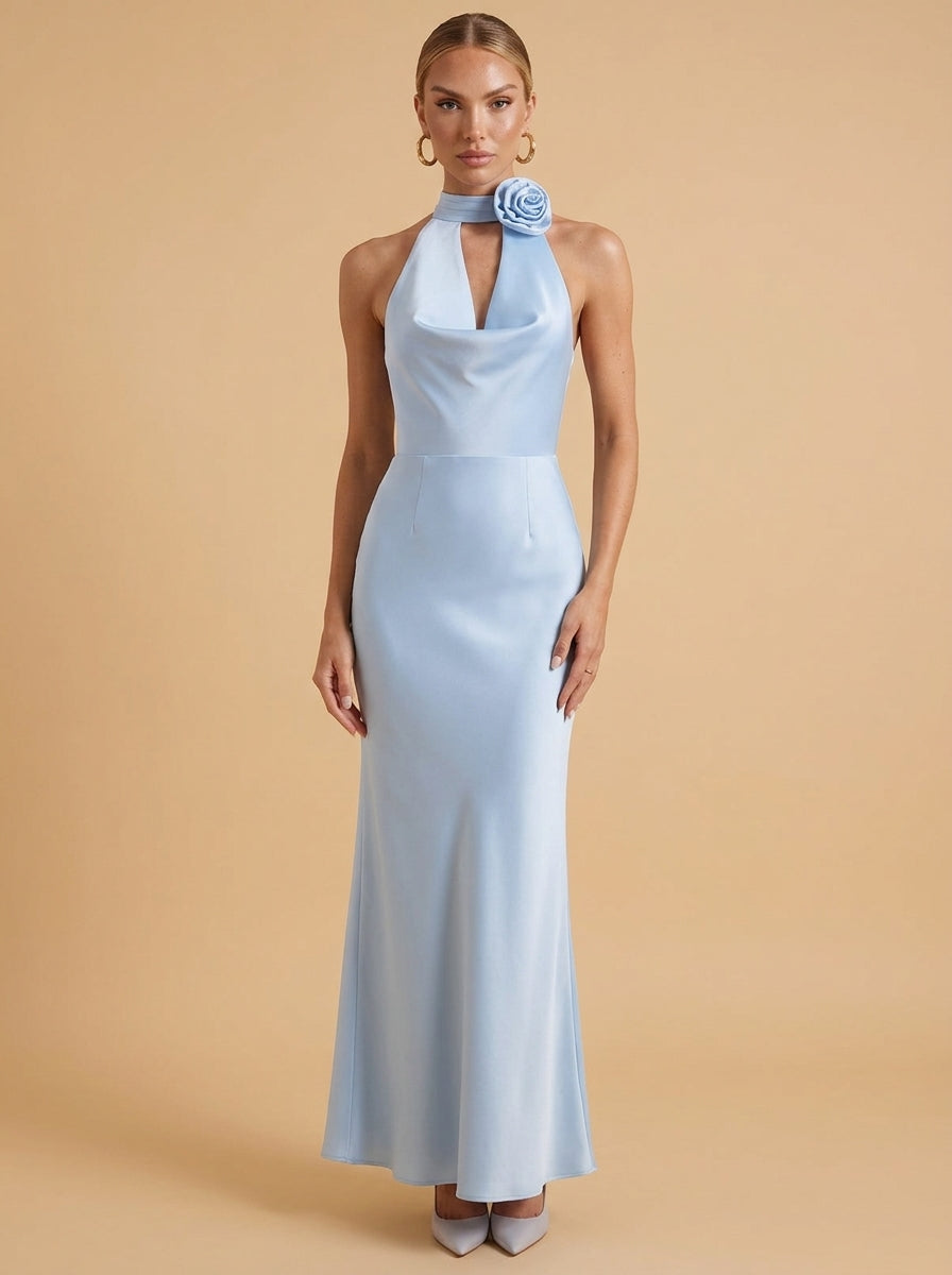 Kokodress Satin Halter Neck Maxi Dress with 3D Flower for Party