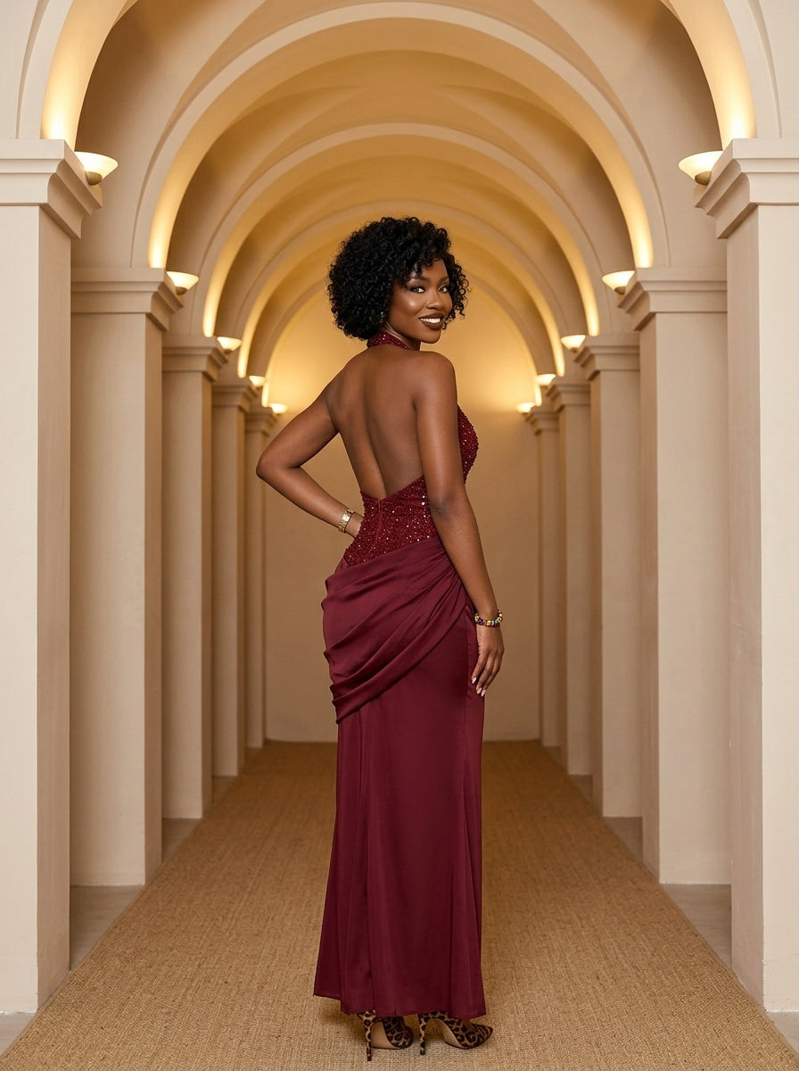 Kokodress Beaded Halter Deep V-Neck Draped Maxi Dress for Formal Events