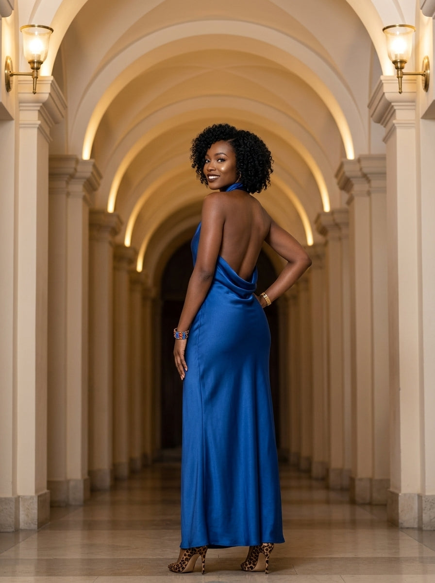 Kokodress  Satin Halter Neck Sleeveless Maxi Dress for Formal Events