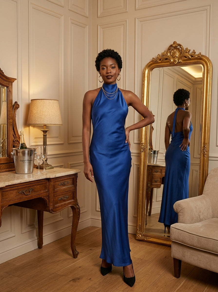 Kokodress  Satin Halter Neck Sleeveless Maxi Dress for Formal Events