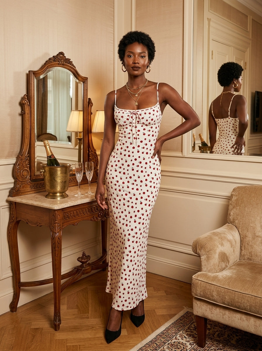 Kokodress Polka Dot Spaghetti Strap Tie-Front Maxi Dress for Vacation