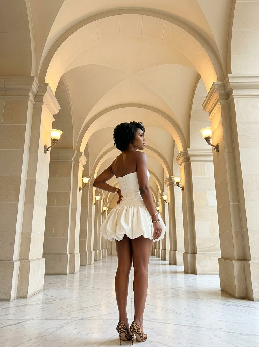 Kokodress Strapless Satin Corset Bubble Hem Mini Dress for Party