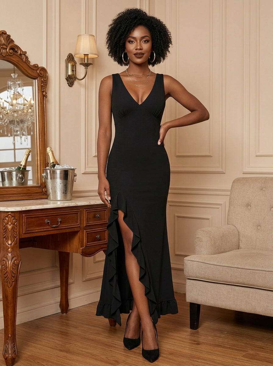 Kokodress V-Neck Ruffle Slit Maxi Dress for Wedding Guest