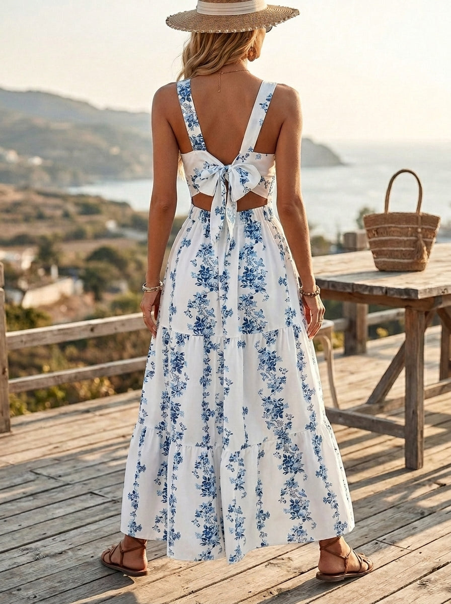 Kokodress Blue Floral Square Neck Tiered Maxi Dress for Summer Vacation
