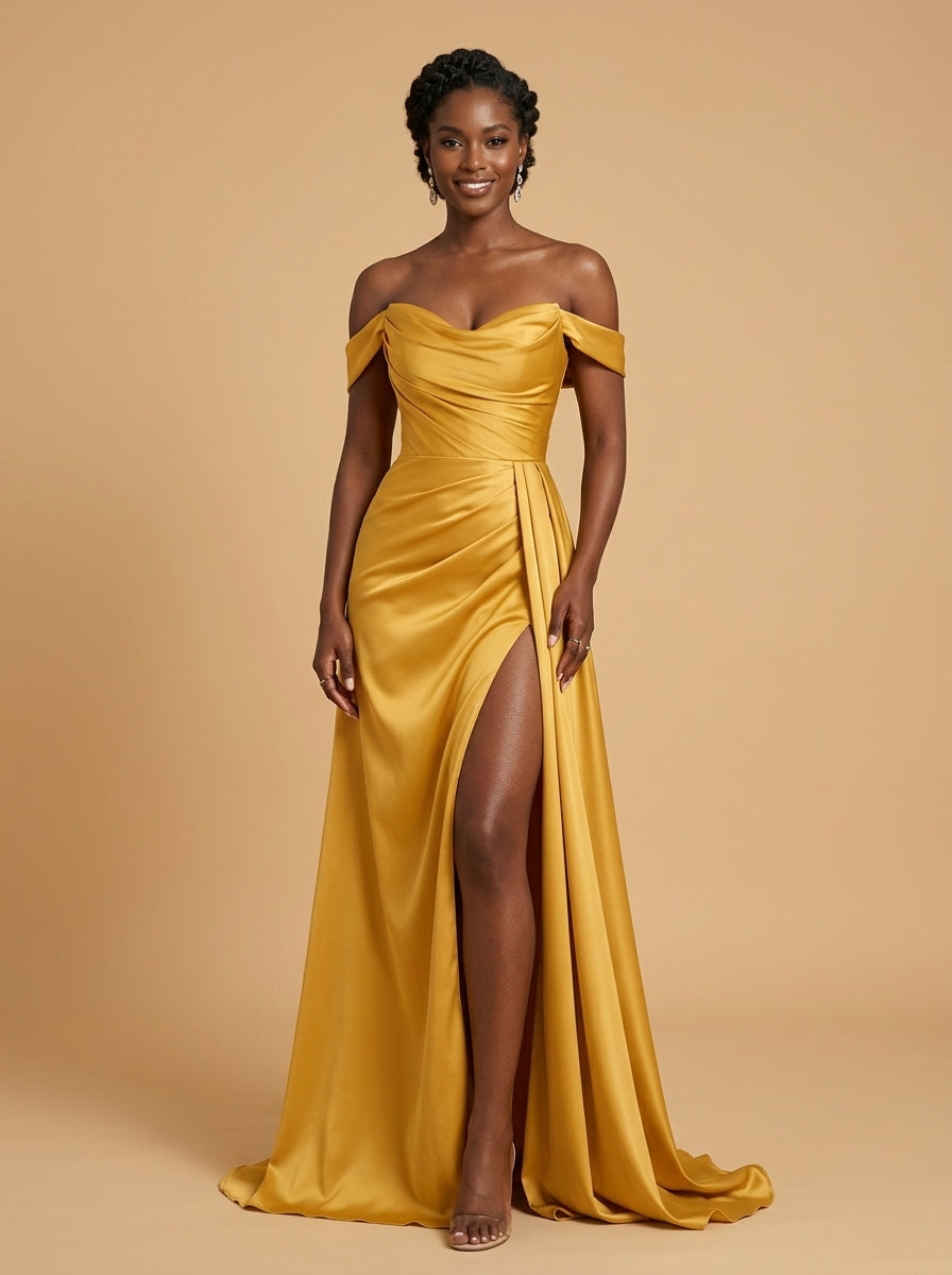 Kokodree Emerald Off-Shoulder Satin Maxi Dress with Slit for Formal Events