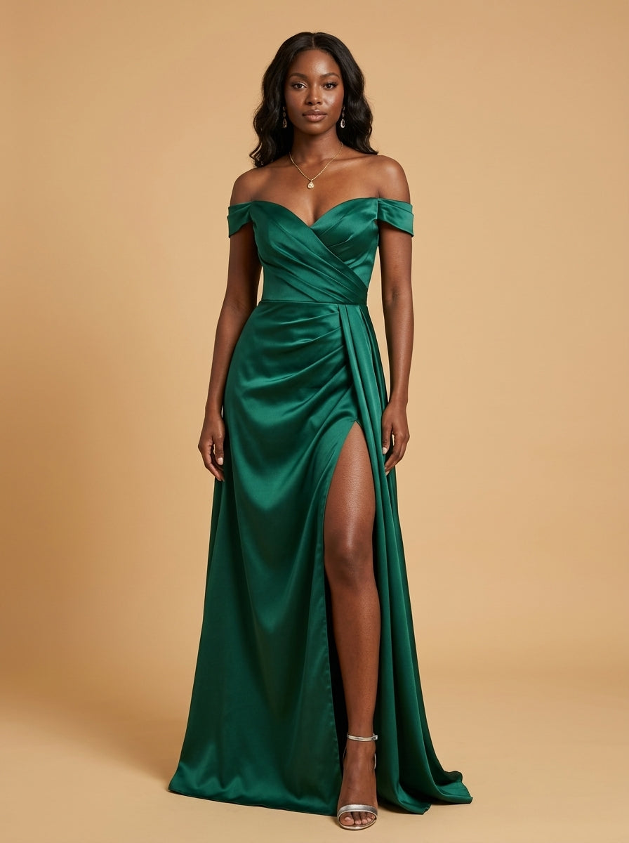 Kokodree Emerald Off-Shoulder Satin Maxi Dress with Slit for Formal Events