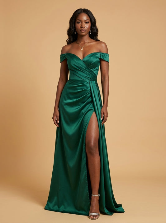 Kokodree Emerald Off-Shoulder Satin Maxi Dress with Slit for Formal Events