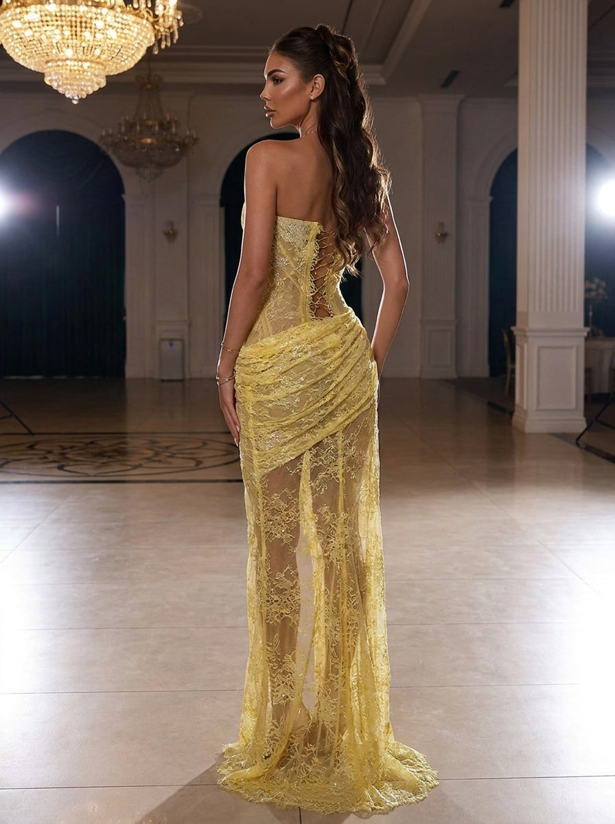 Kokodress Strapless Yellow Floral Lace Corset Gown for Wedding Guest