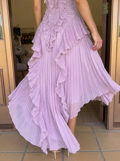 Kokodress Lavender Halter Pleated Ruffle Maxi Dress for Wedding Guest & Formal