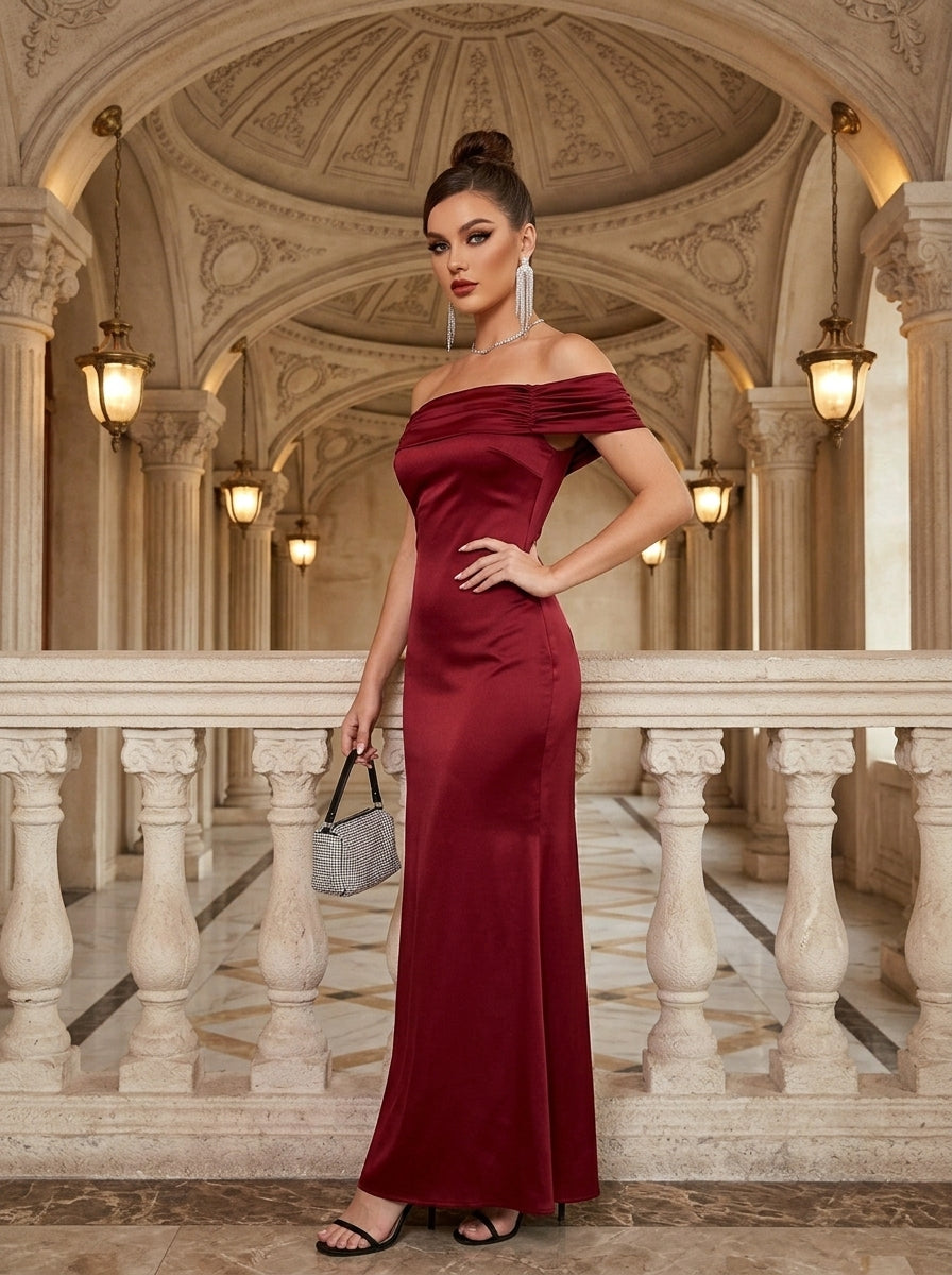 Kokodress Satin Off-Shoulder Ruched Maxi Dress for Formal Events