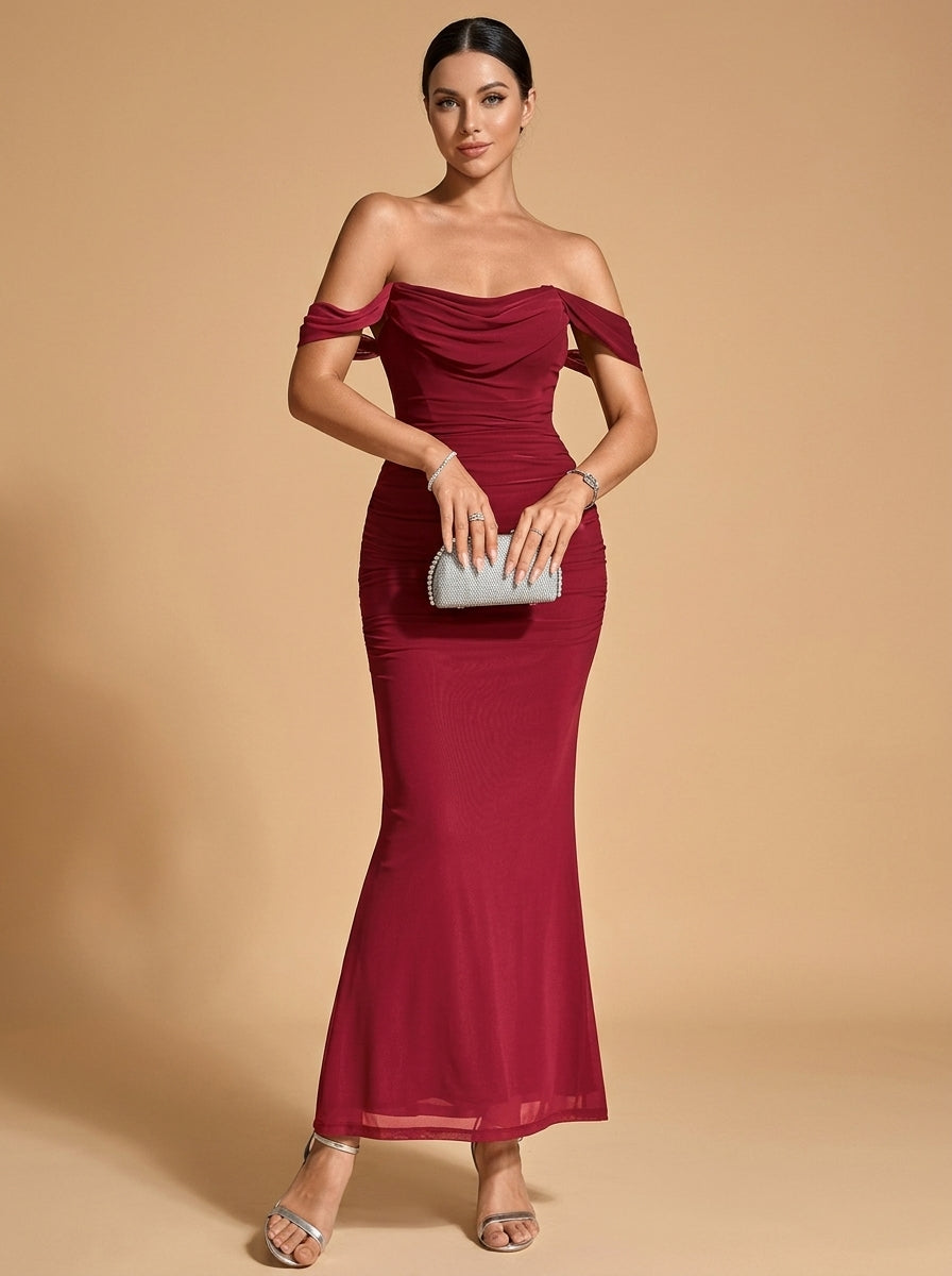 Kokodress Teal Off-Shoulder Ruched Mermaid Maxi Dress for Wedding Guest