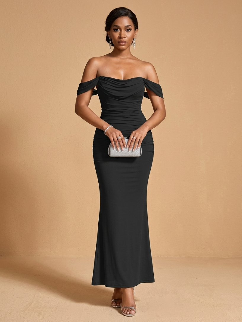 Kokodress Teal Off-Shoulder Ruched Mermaid Maxi Dress for Wedding Guest