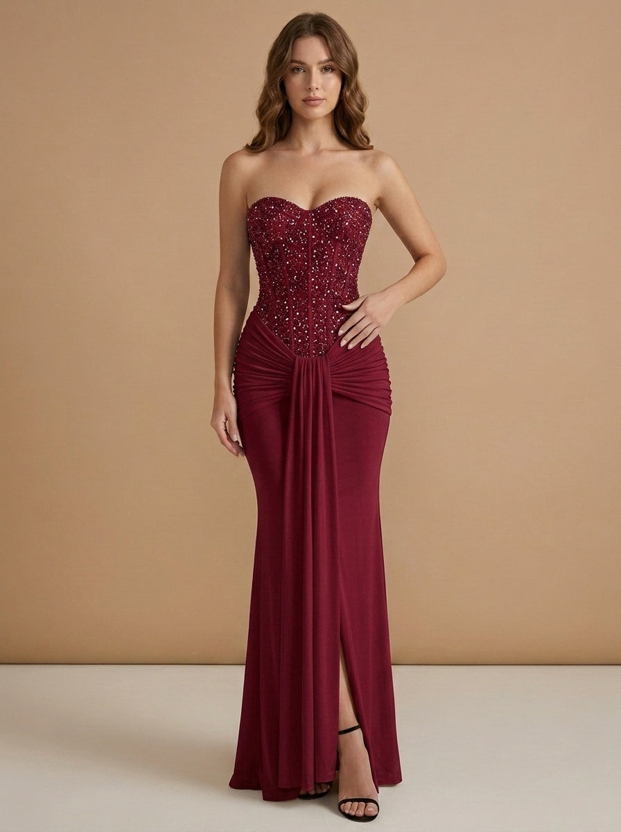 Kokodress Beaded Corset Sweetheart Maxi Dress with Slit for Formal