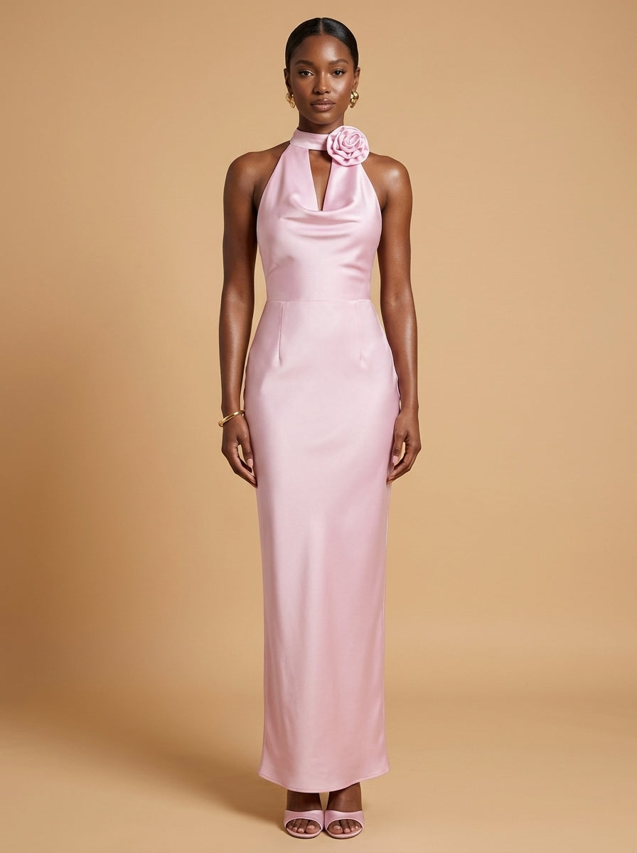 Kokodress Satin Halter Neck Maxi Dress with 3D Flower for Party