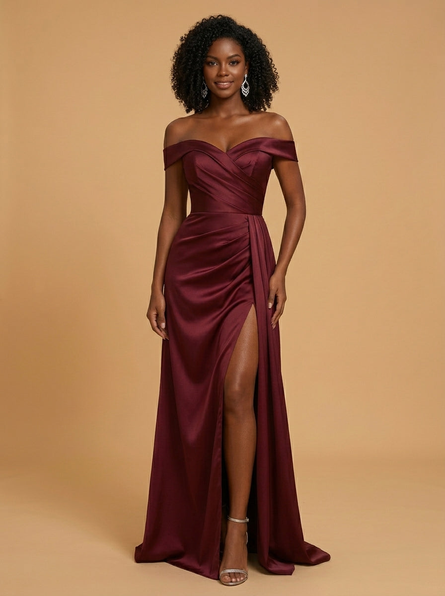 Kokodree Emerald Off-Shoulder Satin Maxi Dress with Slit for Formal Events