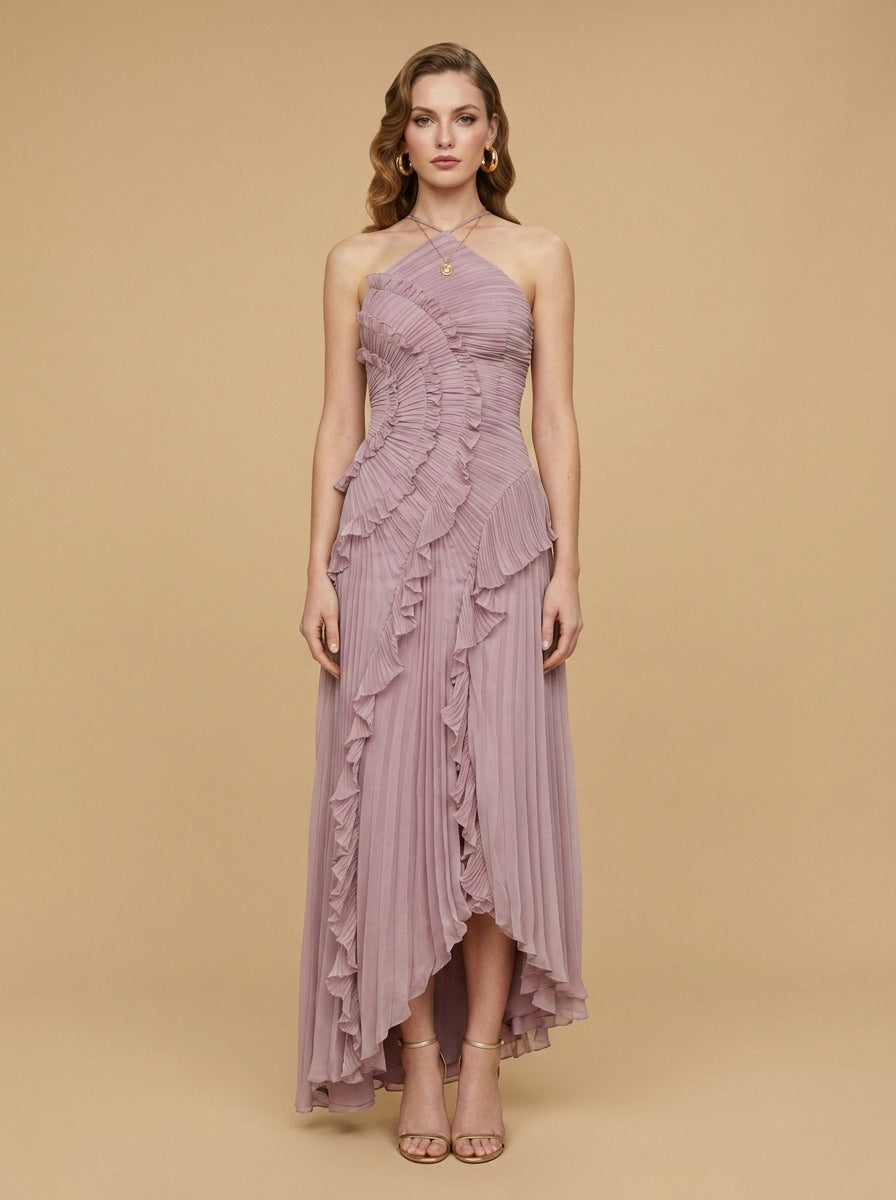 Kokodress Lavender Halter Pleated Ruffle Maxi Dress for Wedding Guest & Formal